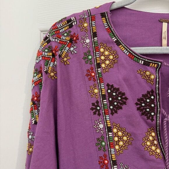 Free People Embroidered Linen Dress Tunic Size XS Purple Tie Front Embellished - Picture 3 of 9